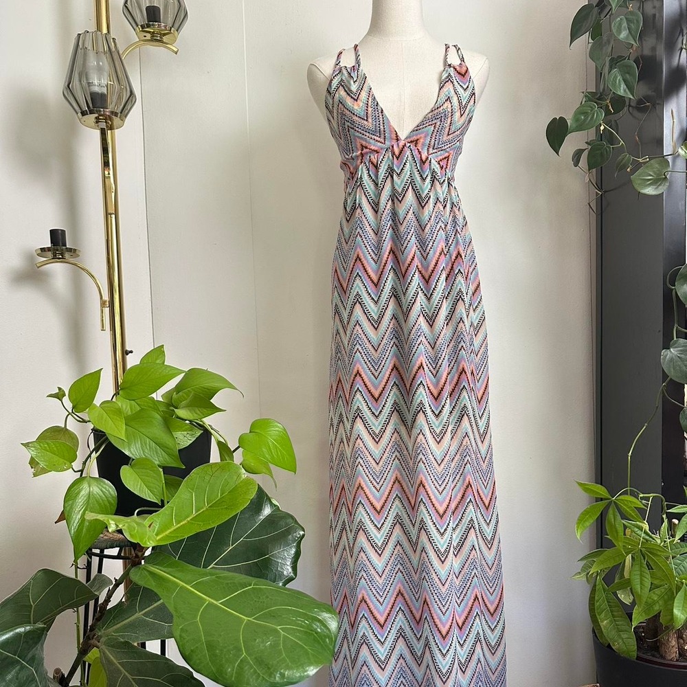 Charlotte Russe Chevron Print Maxi Dress Pink Blue Teal Purple Open Back Size S